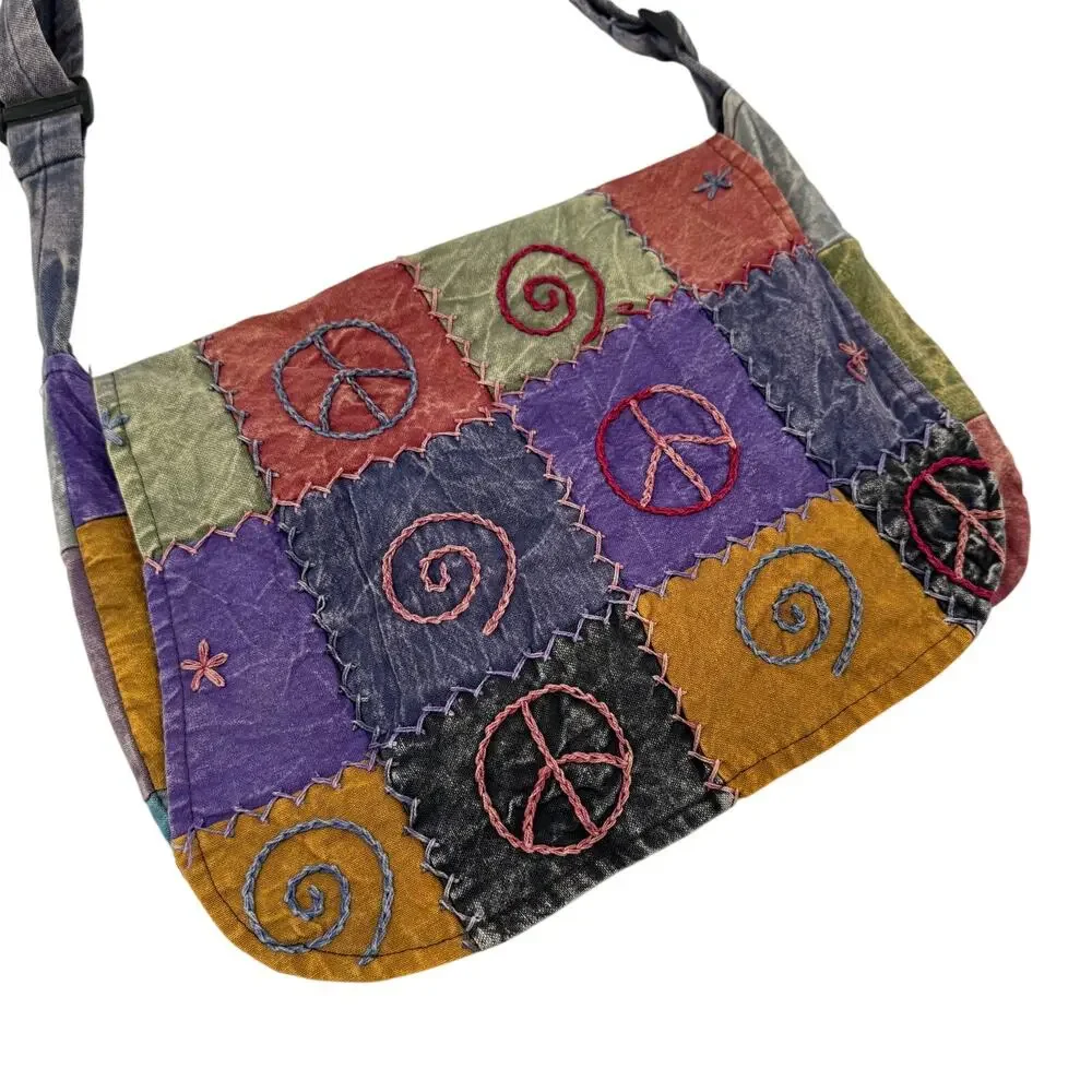 Vintage Patchwork Cotton Crossbody Bag Boho Hippie Festival Peace Swirls